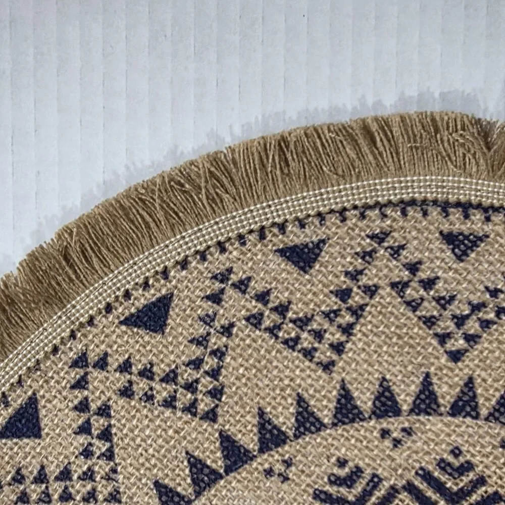 NWOT Boho Round Jute Placemats Navy Blue Mandala Fringed Set of 4 Thanksgiving